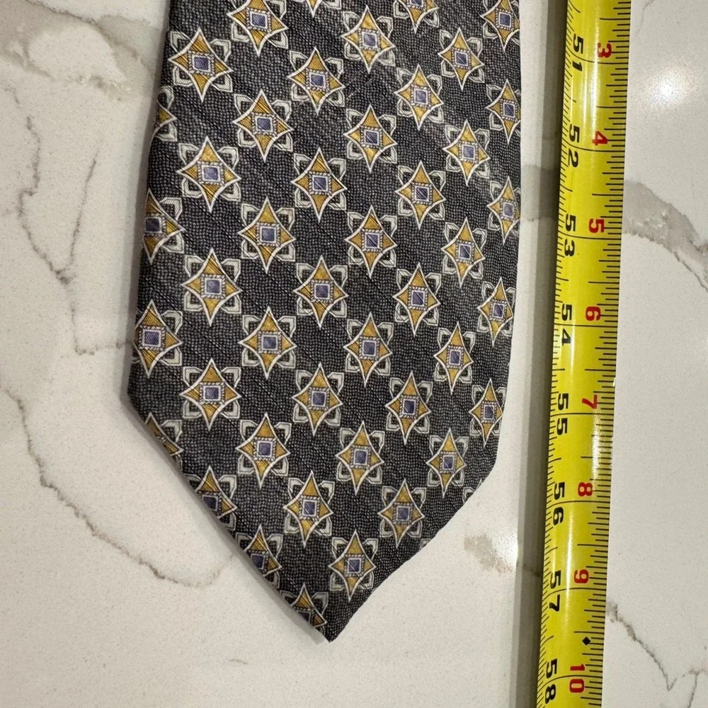Zanzara Mens Silk Necktie Charcoal Grey Gold Geometric Star Pattern Hand Made